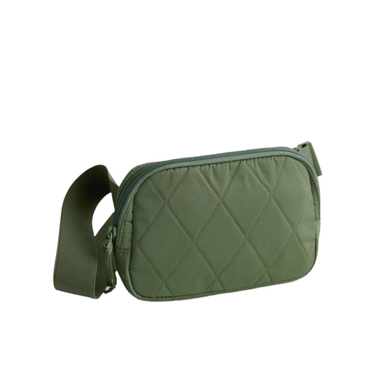 Olive quilted belt bag with zipper closure and wide strap