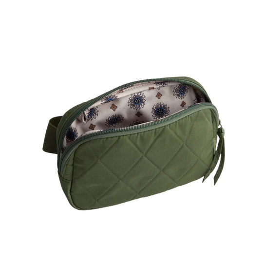Olive quilted zip pouch with printed lining and wrist strap