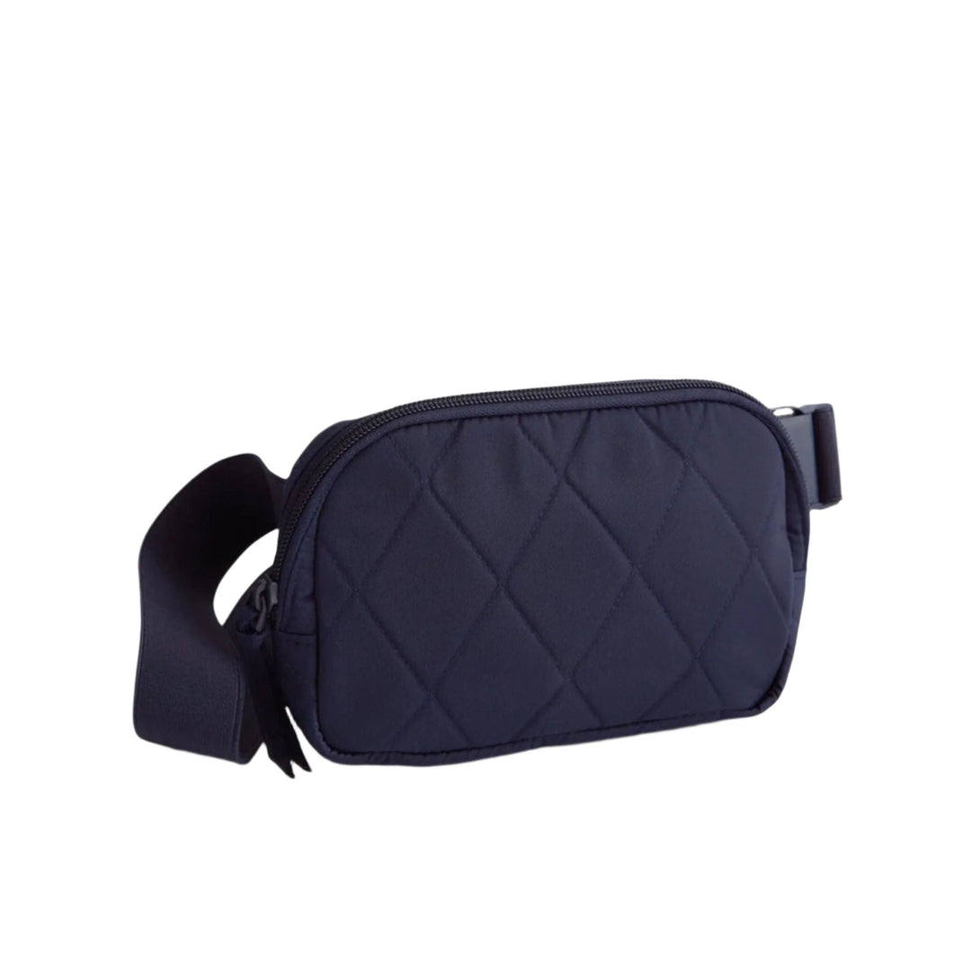 Navy quilted belt bag with zipper closure and adjustable strap