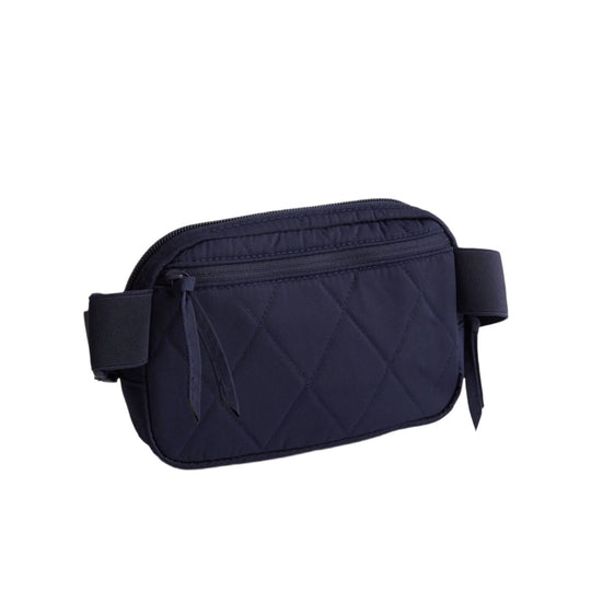 Navy quilted belt bag with zipper pocket and side straps