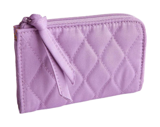 Lavender quilted zip card pouch with a wrist strap