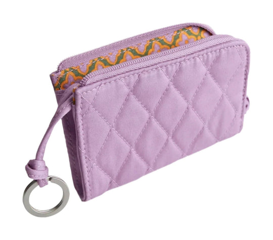 Lavender quilted zip card pouch with a wrist strap and metal key ring