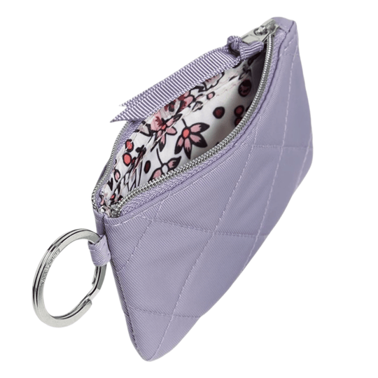 Lavender quilted zip pouch with key ring and floral lining