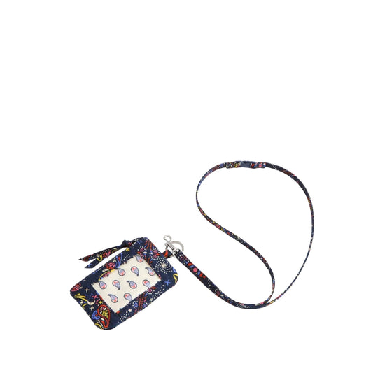Patterned zip ID pouch with a clear front window and attached breakaway lanyard