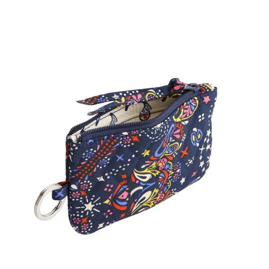 Small navy zip pouch with colorful paisley print and attached metal ring