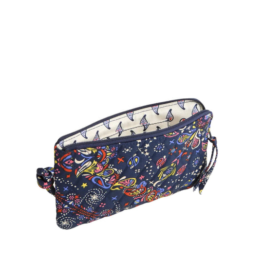 Navy quilted zip wristlet with colorful paisley print and a wrist strap