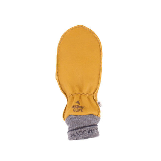 Tan leather mitten with a gray knit cuff and printed logo
