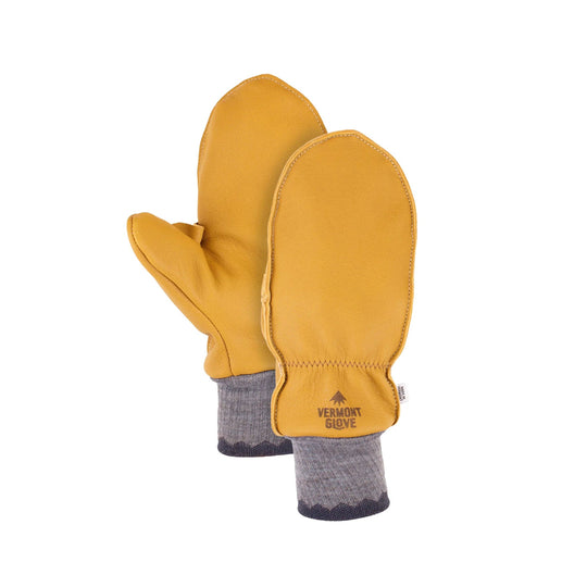 Yellow leather mittens with gray knit cuffs and visible Vermont Glove branding