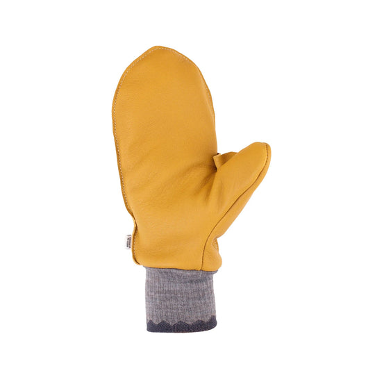 Tan leather mitten with gray knit cuff and side tag