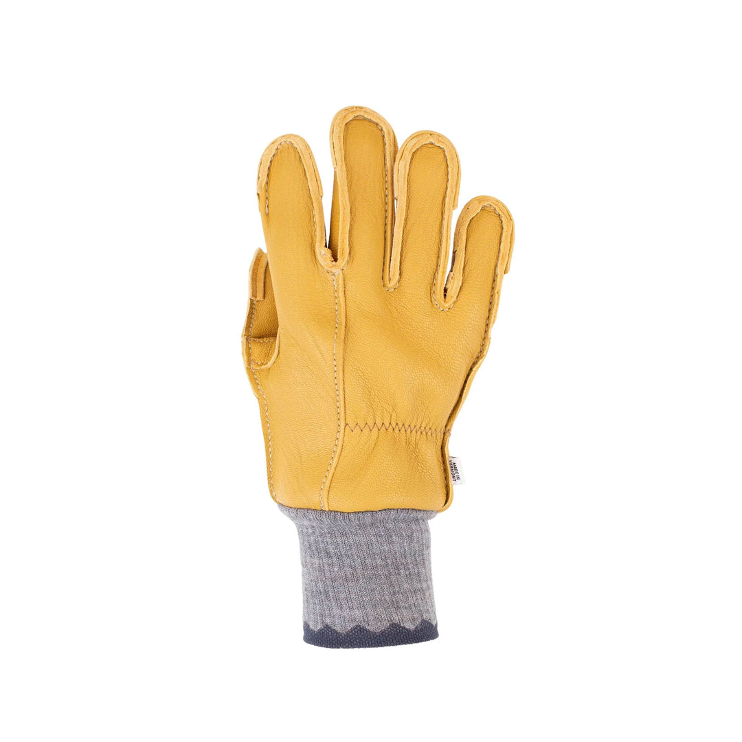 Tan leather work glove with gray knit cuff, shown palm side up