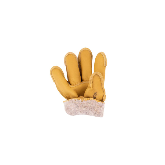 Tan leather work glove with four fingers raised and a knit cuff