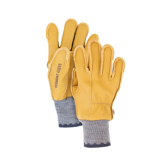Pair of tan leather work gloves with gray knit cuffs