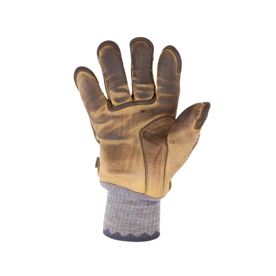 Brown work glove with tan palm, gray knit cuff, and open hand facing forward