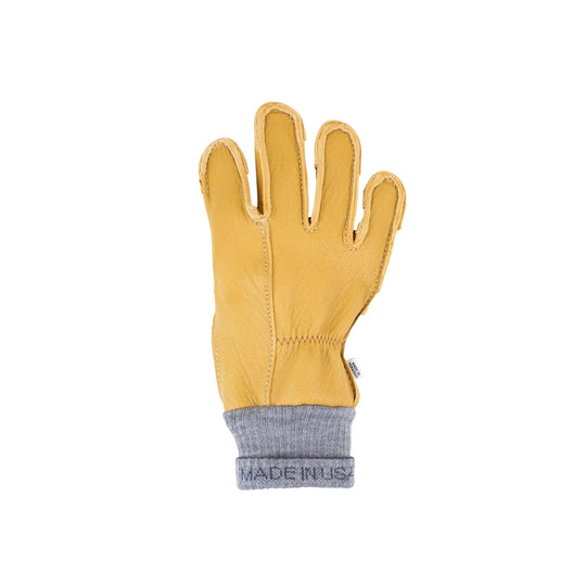 Tan leather work glove with gray knit cuff and visible MADE IN USA tag