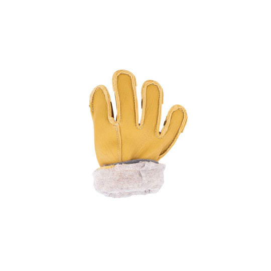 Yellow leather glove with a white knit cuff, shown palm side up