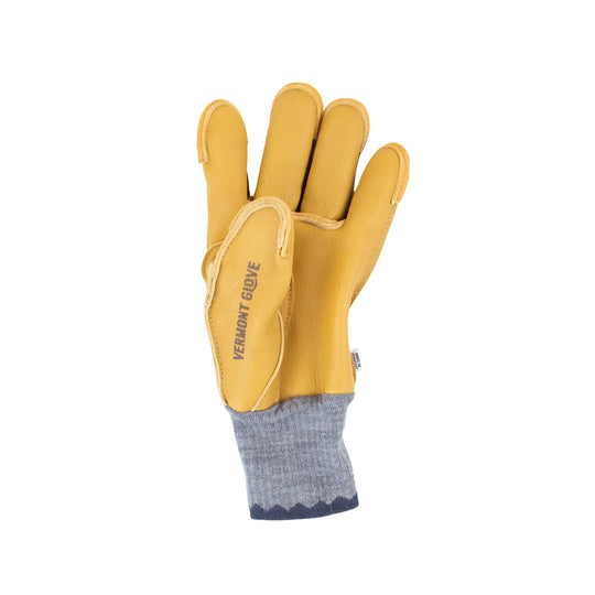 Yellow leather work glove with gray knit cuff and visible Vermont Glove text