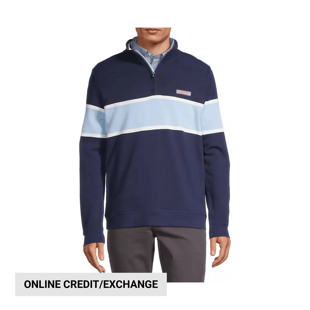 Navy quarter-zip pullover with white varsity stripes across the chest