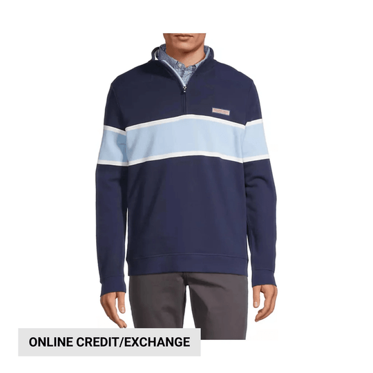 Navy quarter-zip pullover with white varsity stripes across the chest