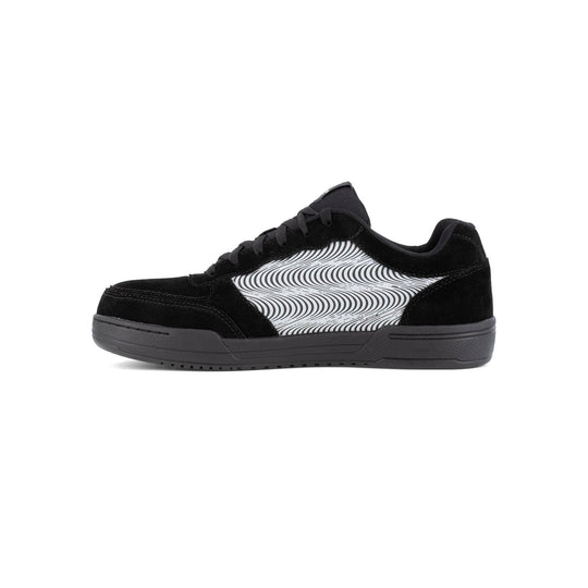 Black low-top work shoe with a white wavy side panel, black laces, and a dark sole, shown in side profile