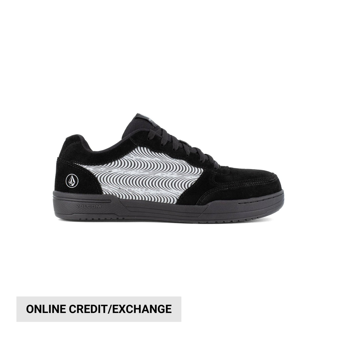 Black low-top shoe with white wavy side panel, black laces, and gray sole