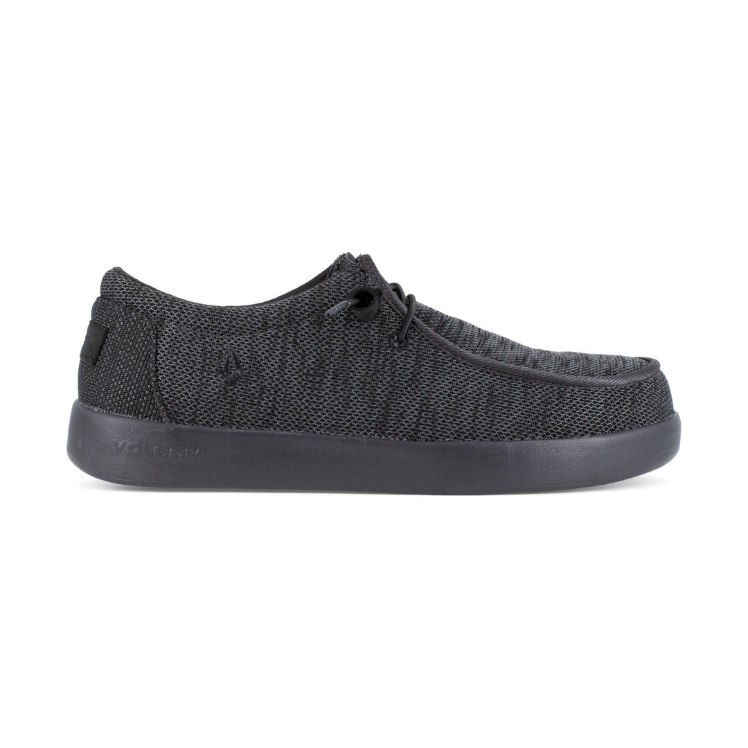 Black knit slip-on work shoe with a thick rubber sole and elastic laces