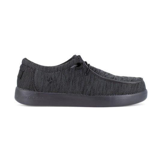 Black knit slip-on work shoe with a thick rubber sole and elastic laces