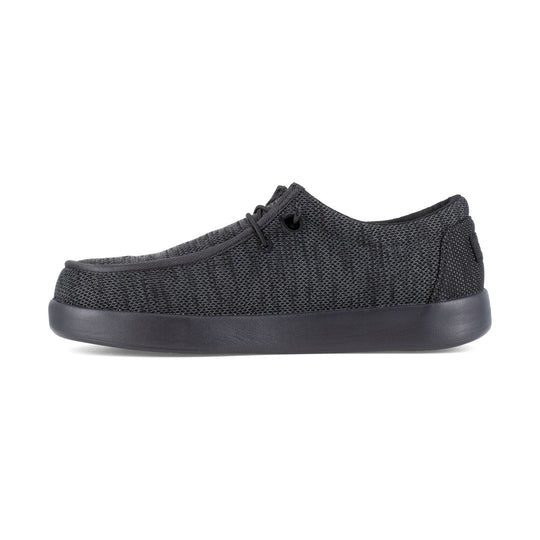 Black knit slip-on work shoe with a thick cushioned sole