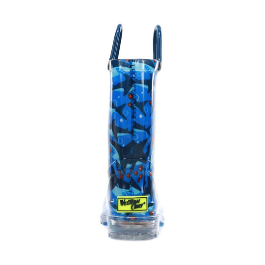 Blue rain boot with shark pattern and clear sole, shown front view