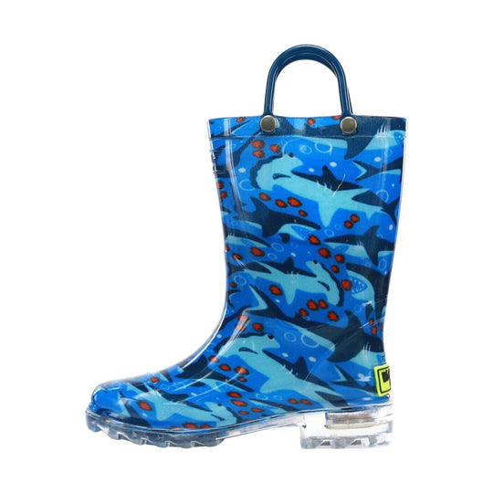 Blue camouflage kid's rain boot with dark blue handles and clear sole