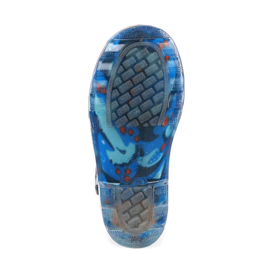 Blue translucent rain boot outsole with gray tread and red accents, shown from below