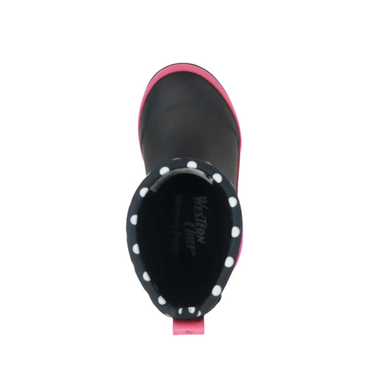 Black rubber boot with pink trim and a polka-dot collar, viewed from above