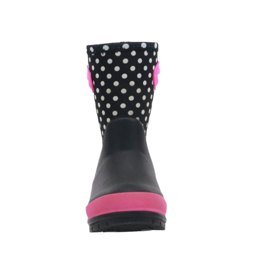 Black polka dot kids' rain boot with pink trim and sole