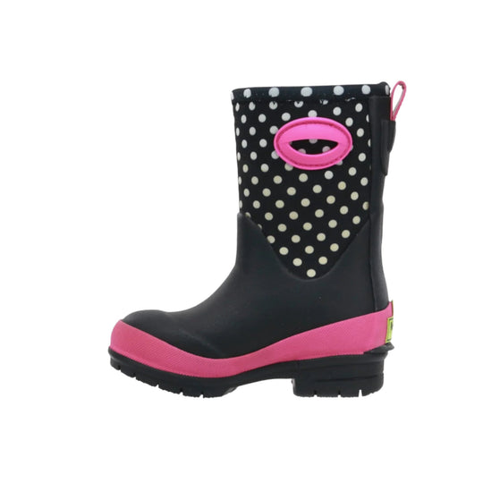 Black and pink polka dot rubber rain boot with pink trim and pull tab