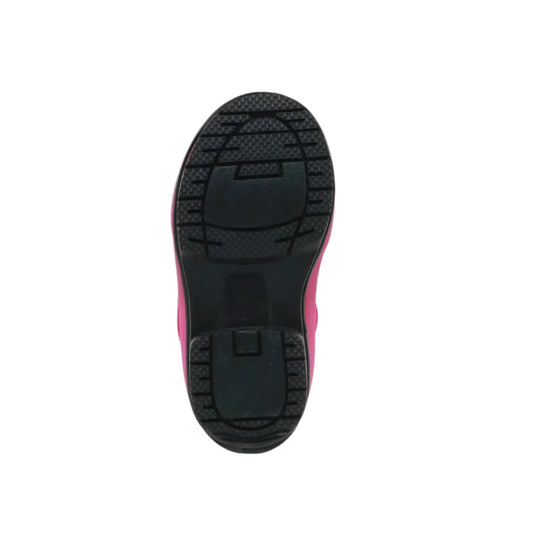 Black boot sole with pink sidewall, seen from below