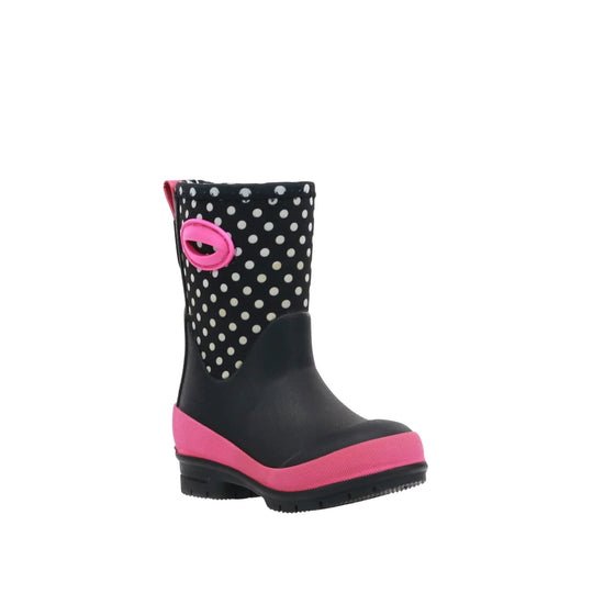 Black rain boot with white polka dots, pink trim, and a pink side buckle