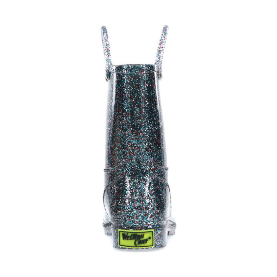 Clear glittery rain boot with colorful speckles and a neon heel label