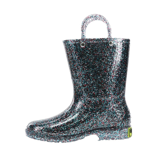 Glittery mid-calf rain boot with pull handle and textured sole