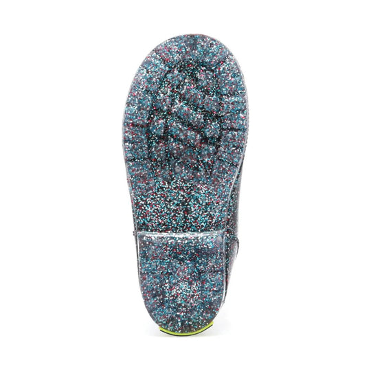 Glittery mid-calf rain boot with a black sole