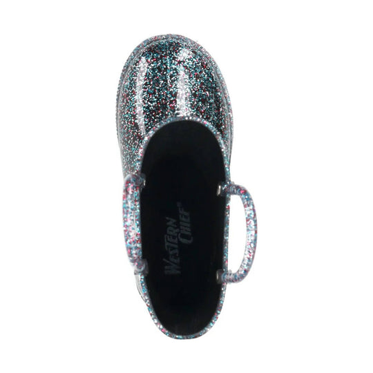 Glittery multicolor rain boot with two side handles and black interior, top-down view