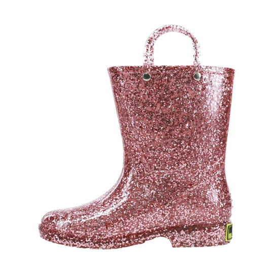 Pink glitter rain boot with a pull handle and chunky sole, side view
