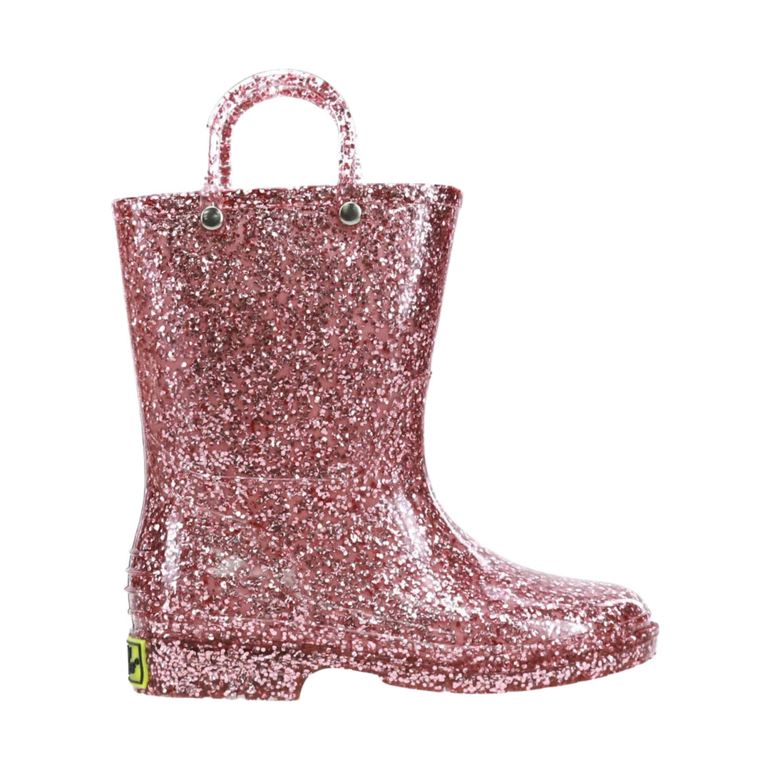 Pink glitter knee-high rain boot with a pull handle and small side logo patch
