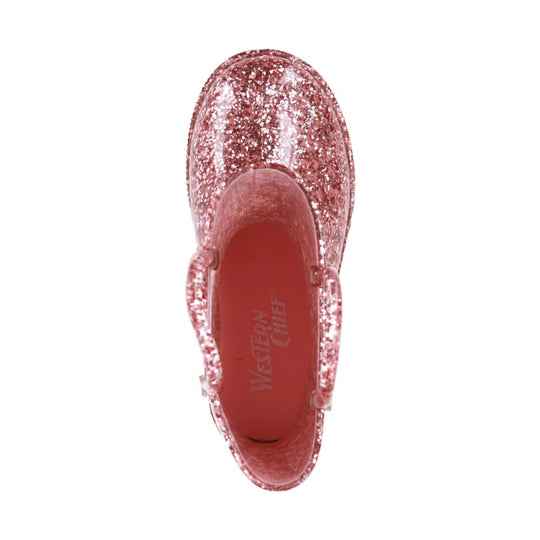 Pink glitter rain boot viewed from above with a red insole