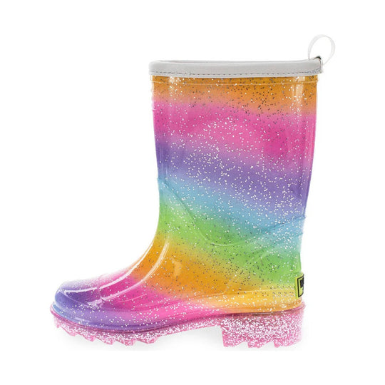 Rainbow glitter rain boot with a white cuff and pull loop
