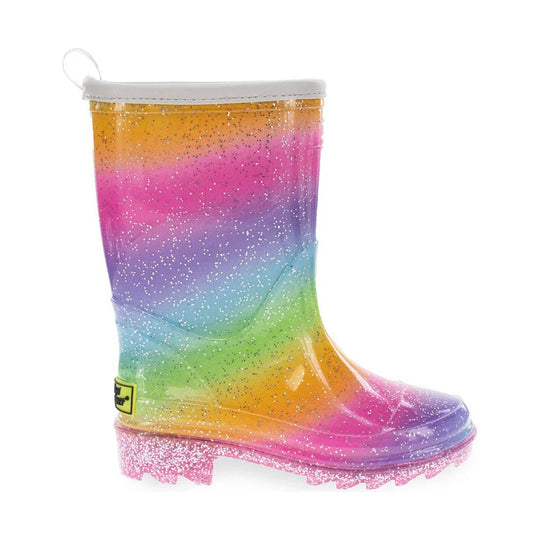 Transparent rainbow glitter rain boot with white cuff and pink tread