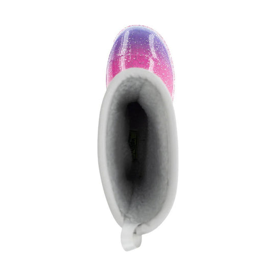 White-lined rain boot with pink-and-purple glitter toe and fuzzy gray lining, top view