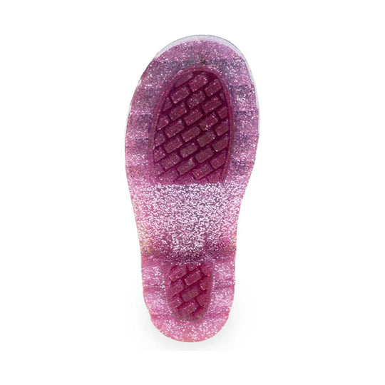 Pink glitter rain boot sole with tread pattern
