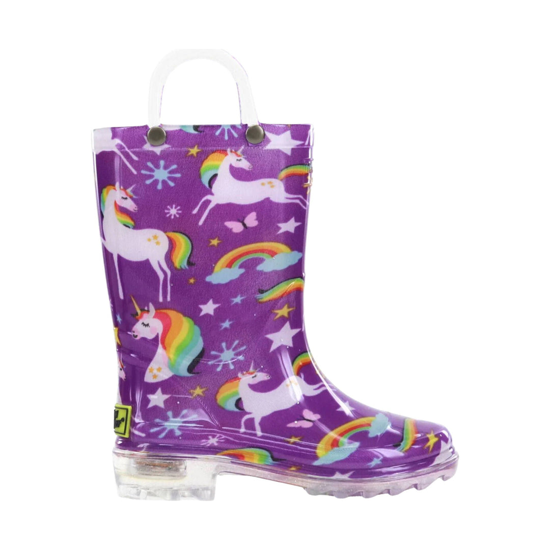 Purple rain boot with unicorns, rainbows, stars, and a clear handle
