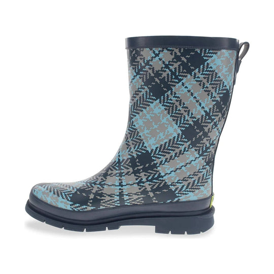 Camouflage patterned mid rain boot with black sole and pull tab