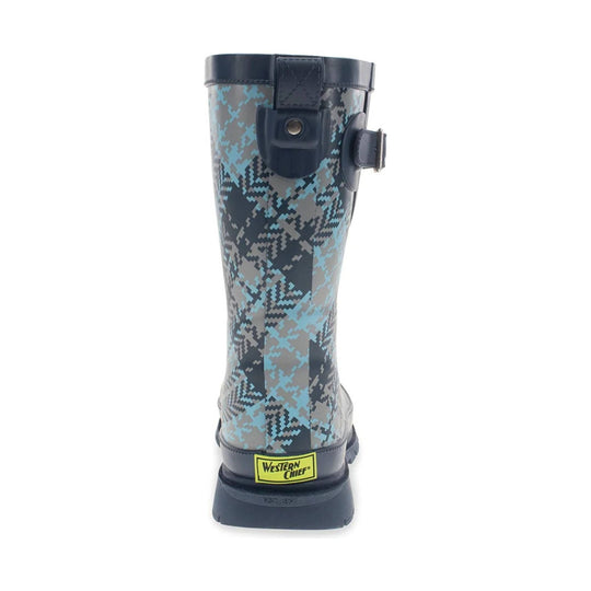 Tall patterned rain boot with a black cuff and side buckle, shown from the back