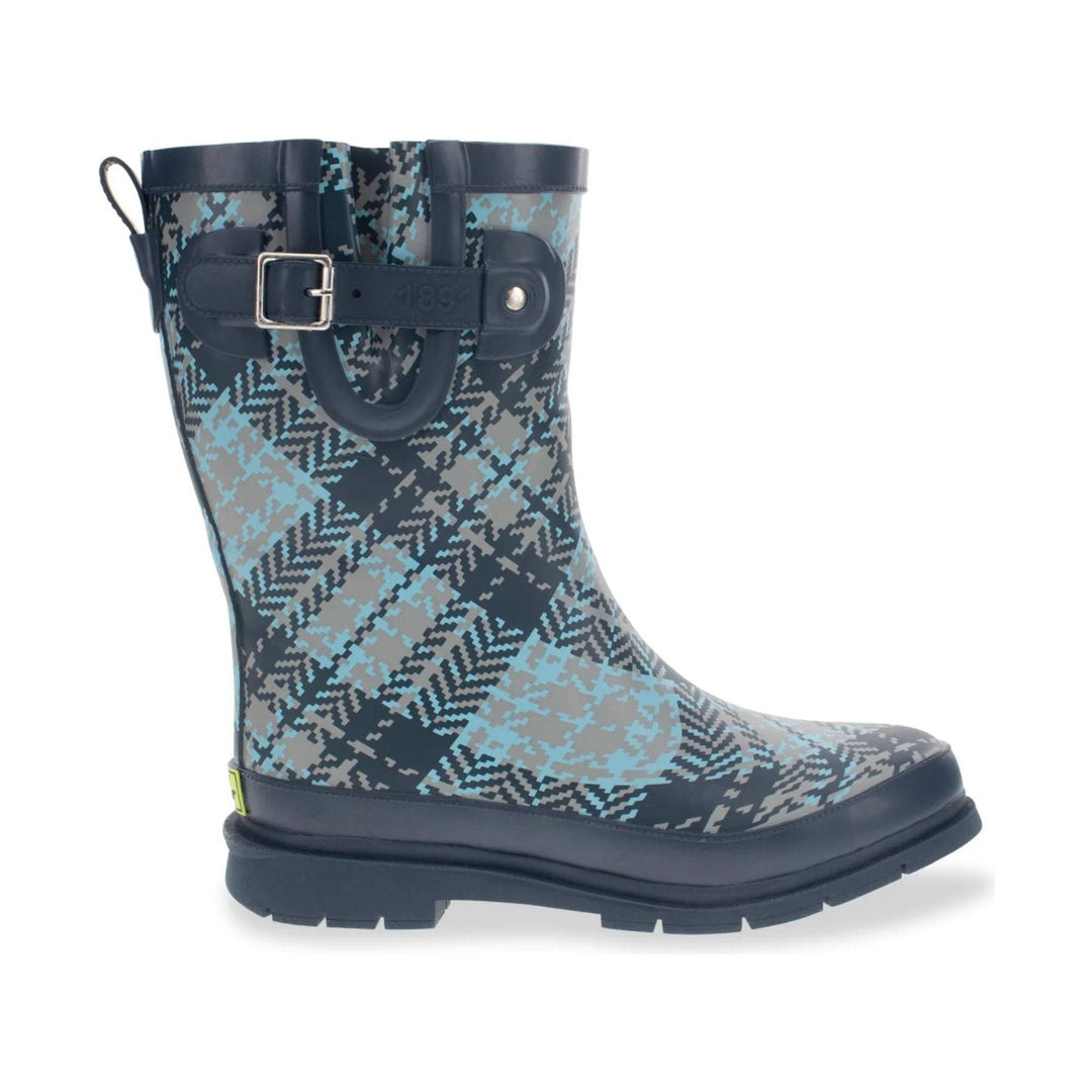 Mid-height camouflage rain boot with buckle strap and black sole